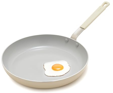 GreenPan Bobby Flay Poêle à frire antiadhésive en céramique sans PFAS et PFOA, compatible avec l'induction, poignée en silicone qui reste froide, passe au lave-vaisselle et au four, crème