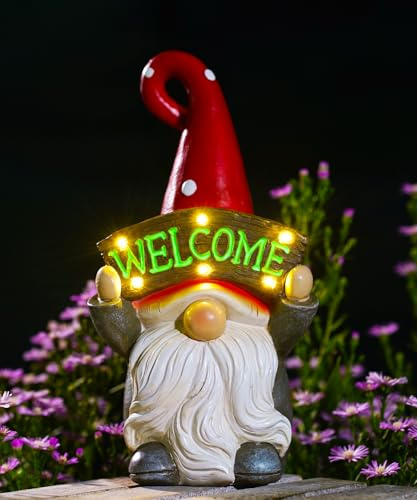 Goodeco Solar Standing Gnome Welcome Sign Statue, Garden Ornaments Outdoor