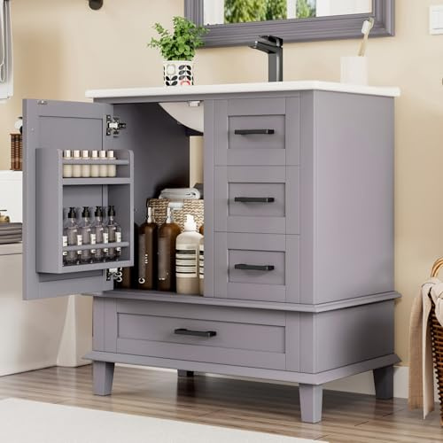 QMTXBYJ Standwaschbecken mit Unterschrank,Badmöbel Einzelwaschtisch mit Keramikwaschbecken,Badezimmerschrank mit 3 Schublade und 1 Türen,Vertikaler Badezimmerschrank,Unterschrank Grau,76x46x83.5cm