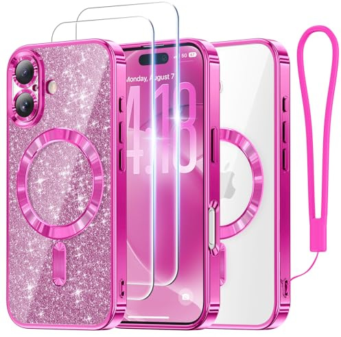 Meifigno Coque conçue pour iPhone 17 6,3, carte pailletée et dragonne] [Compatible avec MagSafe] [2 x protecteurs d'écran HD] Coque de protection pour iPhone 17 de 6,3, rose vif