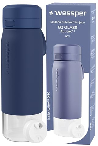 Wessper Gourde Filtrante, 700 ml, Gourde en Verre Borosilicaté, avec FIltre Actitex DISC, Compteur de Femplacement du filtre a eau Intégré, Réduit le Chlore, BPA FREE - Bleu