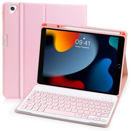 Yeegnar Tastiera iPad 9 Generation, AZERTY francese Cover tastiera compatibile con iPad 9/8/7ª generazione 2021 10.2(Modello: A2603, A2604, A2605) con portapenne (iPencil non incluso), rosa