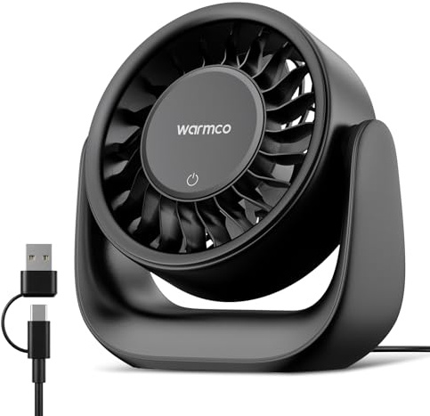 Warmco USB Desk Fan with Touch Control (USB Powered Only, No Battery) | USB-C & USB-A Power, 3 Speeds, 6m/s Airflow, 120° Tilt, 90° Wide Airflow, Touch Control