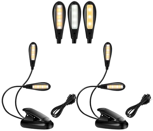 Honiwu 2 Stück Leselampe Buch, 14 LED klemmleuchte USB Wiederaufladbare, Doppelkopf 360° Flexibel Schwanenhals Lampe, 3 Farbtemperatur 3 Helligkeit Notenpultleuchte für Nacht Bett Buch