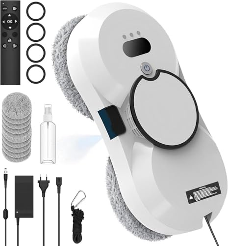 Robot Limpiacristales con Función de Pulveriza, 5600Pa Limpia Cristales Electrico Ventanas, 3 Modos, Tanque de Agua 40ml, Cable de Seguridad y Sistema UPS, para Ventanas, Cristales, Espejos y Baldosas