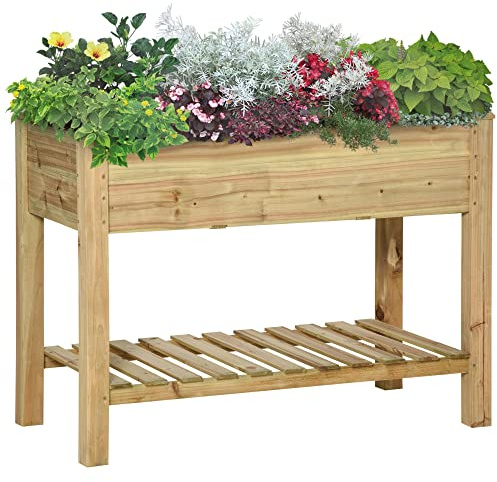 Outsunny Jardinière Surélevée Étagère Bois Trous Drainage 113x56x84cm Vert