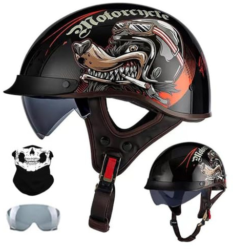 Motorradhelm Retro Halbhelm, Halbschale Jethelm, ECE-Zulassung, Mit Brille Und Gesichtsabdeckung, Für Bike Cruiser Chopper Moped Scooter für Damen und Herren Erwachsene, M~XXL