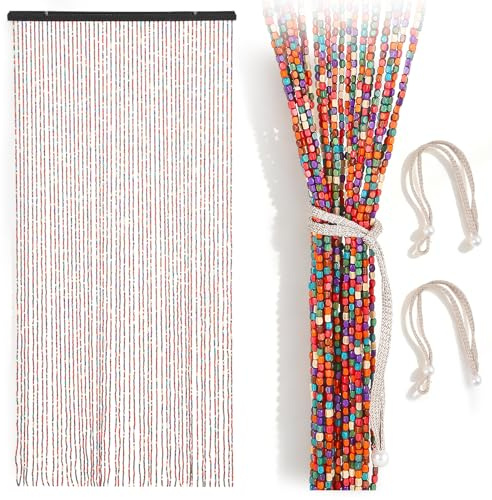 BORDRISE Perlenvorhang, 90x200cm Türvorhang Perlen 52 Stränge Bohemian-Stil Bambusvorhang mit 2 Riemen Perlenvorhang Insektenschutz Zuschneidbarer Holzperlenvorhang Bunt für Fenster Türen Dekoration