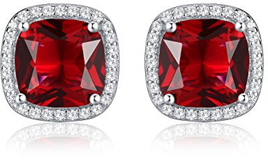 Diamond Treats Boucles d'Oreilles pour Femme en Argent Sterling 925 Serties de Pierres Rouges et de Zircons, Boucles d'Oreilles Argent avec Pierres Rouge Rubis en Taille Coussin, avec Ecrin Cadeau