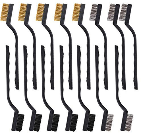 Nuluxi Mini Reinigung Drahtbürste Set Kunststoffgriffe Reinigung Drahtbürste Nylon Messing Edelstahl Drahtbürste Verwendet für Reiniger Schmutz Schweißen Schlacken Rost Reinigungswerkzeug-15 Stück
