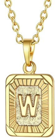 FOCALOOK Damen Halskette 18k vergoldet Buchstabe W Anhänger mit 55cm verstellbarer Rolokette Rechteck Initiale Modeschmuck Accessoire für Frauen Mädchen