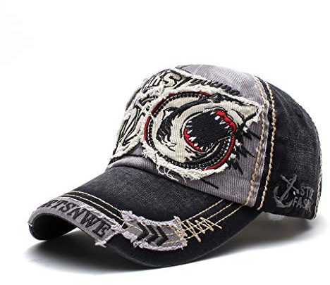 Elwow Herren Baseballkappe aus Wachstuch mit Adler und Haifisch bestickt Gr. Einheitsgröße, Shark Schwarz