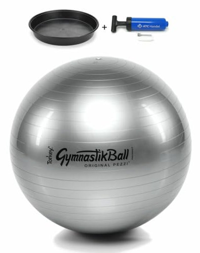 Original Pezzi Gymnastikball Standard Ø 42, 53, 65 & 75 cm in Allen Farben inkl. Ballschale und ATC Ballpumpe Bis 400 kg belastbar Fitness, Reha, Therapie, Gymnastik & Sitzball (Silber, 65cm)