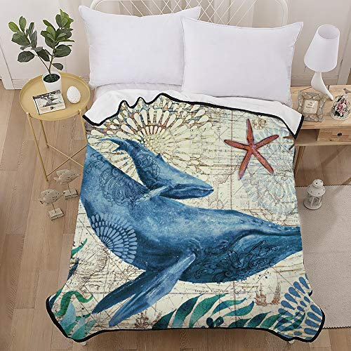 Decke 150x200 Flanell 3D Ozean Tier Schildkröte Delfin Tintenfisch Wal Seepferdchen Blau Dunkelgrün Ozeanlandschaft Decke Sofas Bett Wagen Reise Camping Kuscheldecke (Wal)