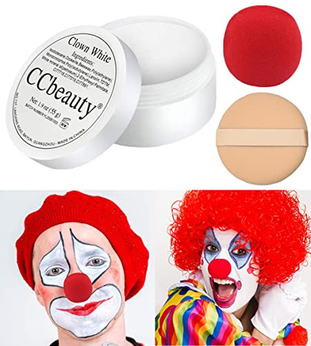 CCbeauty Professional White Face Paint Oil Cream(1.9 oz) with Red ClownNose - Clown Halloween Joker Skeleton Vampire Zombie Makeup Kit for Special Effects SFX DressUp Makeup-Large White Body Paint
