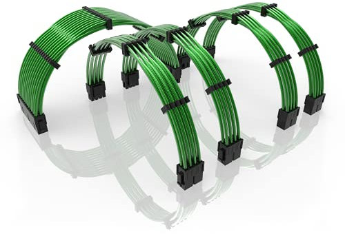 LINKUP - 30cm PSU PC Power Extension Cable Metallic Sleeved Silicone Coated Soft & Flexible to Route Custom Mod GPU & CPU w/Comb Kit | 1x 24P (20+4) | 2x 8P (4+4) CPU | 2x 8P (6+2) GPU | 300mm - Green