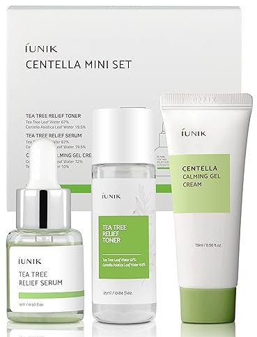 iUNIK Centella Mini Set, Travel Friendly Skincare Set, Ultra calming and hydrating for sensitive skin: Tea Tree Relief Toner,Serum, Centella Calming Gel Cream