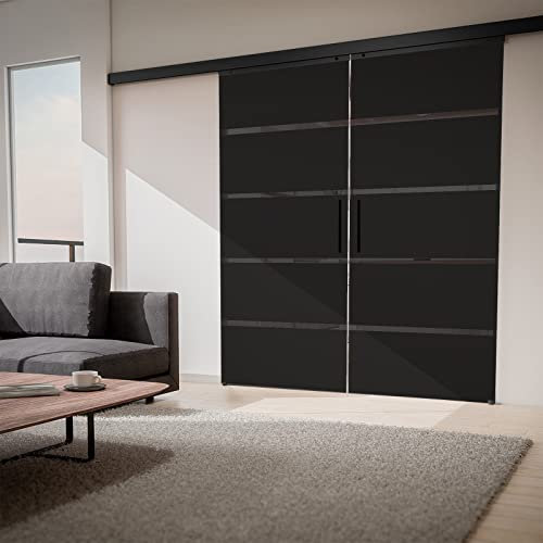 inova Doppel Glas-Schiebetür 2-Flügelig 1800 x 2035 mm Grauglas Blockstreifen schwarz Alu Komplettset mit Lauf-Schiene und Stabgriff