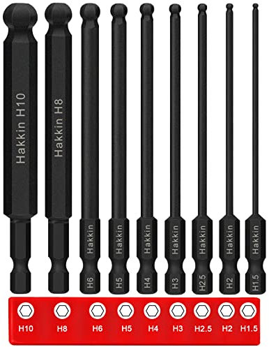 Hakkin Lot de 9 Tournevis à Tête Sphérique 1/4 - 100 mm - Embouts Hexagonaux Magnétiques - 1,5/2/2,5/3/4/5/6/8/10 mm