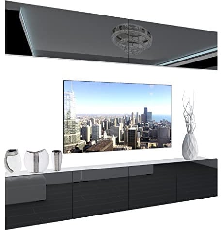 BELINI Wohnwand Vollausstattung Wohnzimmer-Set Moderne Schrankwand mit LED-Beleuchtung Anbauwand TV-Schrank Schwarz