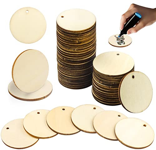 WZYTEU 100 Stück Holzscheiben mit Loch, Holzplättchen Rund 3mm Dick für Malen, Hochzeit, Weihnachtsschmuck, DIY Handwerk, Beschriften (4cm)
