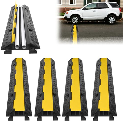 ACXIN Lot de 4 tapis de protection de câbles à 2 canaux 100 x 24 x 5 cm Protection contre les surcroissances pour câbles, passerelle en caoutchouc de qualité industrielle avec modulaire (Noir)