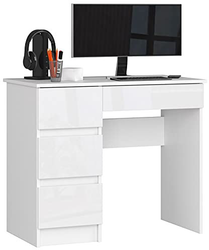 Tables de Bureau AKORD avec Rangement | Table avec Tiroir | 4 Tiroirs | Haute Qualité | Meuble Ordinateur Blanc/Blanc Brillant pour Adolescents et la Maison