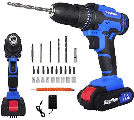 Akkuschrauber 21V Elektro-Bohrmaschine Set mit 1.5AH Batterie, 45Nm Akku Bohrmaschine, 25+1 Drehmomentstufen, 0-400/0-1400 RPM Geschwindigkeit, LED Licht