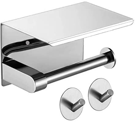 RELBOW, Portarrollos Papel higienico + 2 Ganchos Adhesivos Acero Inoxidable, portarrollos Adhesivo para baño sin Tornillos, Porta Rollos de Papel higienico, con Soporte para móvil, (Plata)