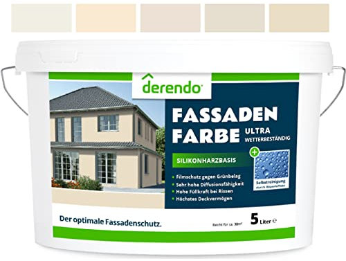 derendo Silikonharz Fassadenfarbe Beige ULTRA Wetterschutz Cremefarben 5 l aussen Fassade Silikonharzfarbe mit Abperleffekt Lotus Blatt Fassadenschutz Schmutzabweisende Silikonharzbeschichtung
