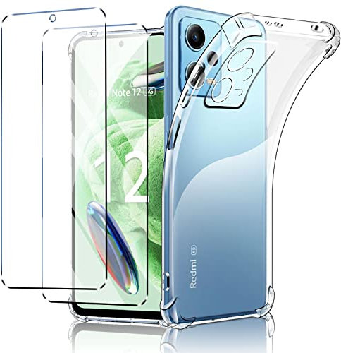 New&Teck Carcasa Funda para Xiaomi Redmi Note 12 5G (no para Note 12 4G) + 2 Vidrio Templado Protector de Pantalla, Funda de Silicona Transparente TPU Flexible, Bumper con Esquinas reforzadas