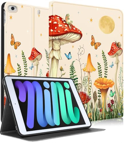Uppuppy Étui pour Apple iPad Mini 5/4/3/2/1, pour iPad Mini 5e/4e/3e/2e/1ère génération, étui Portefeuille Mignon pour Enfants, Femmes, Filles, Jolie Fille, Motif Champignon Plante pour iPad Mini 7,9