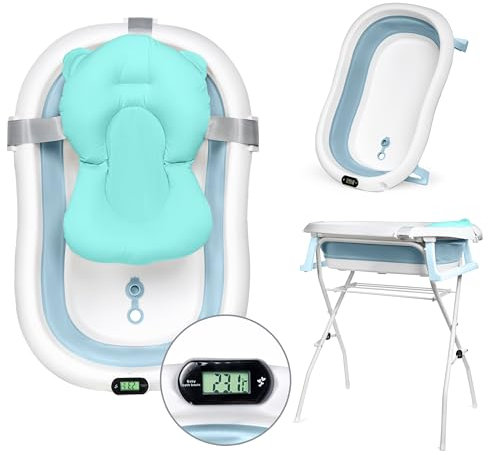 moovkee. Bañera Bebe con Patas 80cm - Banheira Bebe con Soporte - Bañera Plegable Bebé con Termómetro - Bañeras para Bebes Plegables con Cojín de Baño