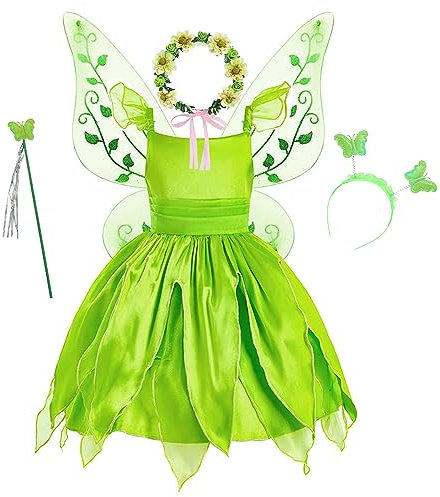 YOSICIL Kleid der Prinzessin Tiana für Mädchen Tinkerbell Kinder mit Schmetterlingsflügeln Zauberstab Haarband Karneval Cosplay Kleid Geburtstagsparty,Grün,110