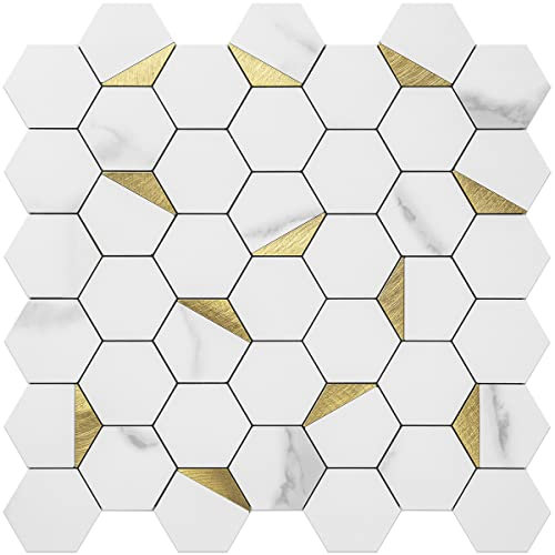 DICOFUN 3mm Hexagon Self Adhesive Wall Tiles, White Marble Mixed Gold Metal Chip Stick on Tile, Splashback Tile Stickers for Kitchen & Bathroom (10 Tiles)