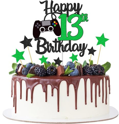 Joyeah Happy 13th Birthday Cake Topper Glitter Video Game Cake Pick Game On Cheers to 13 Years Cake Decoration for Game Theme Happy 13th Birthday Party Supplies Green