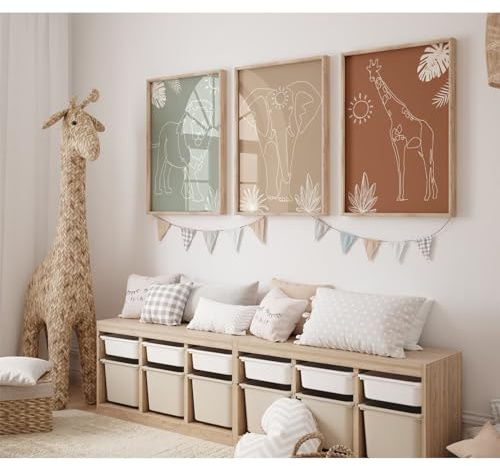 Youillne Safari Kinderzimmer Wandkunst Bilder Baby Tier Leinwand Wanddekoration Boho Dschungel Wandkunst Kinder Minimalistisches Poster Elefant Giraffe Löwe Drucke Kinderzimmer Safari Kunstwerk für