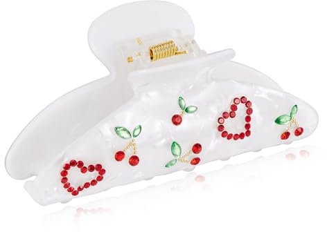 LILIE&WHITE Haarclip mit Kirschen und Herzen, Große Haarklammer in Weiß mit Strassverzierung, Stabiler Haarspangen für Damen, Modeschmuck für Geschenkideen und Alltags-Looks