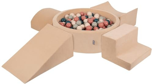 KiddyMoon Velvet Aire De Jeux en Mousse avec Rond Piscine À Balles (300 Balles) Fosses À Boules pour Enfants Jouets Parcours Obstacles, Beige Sableux: Turquoise Foncé/Beige Pastel/Vert-Gris/Saumon