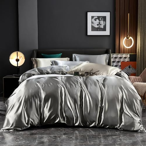 Freyamy Sommer Bettwäsche 200x200cm Kühlende Grau Satin Polyester Seidig Glatt Bettwäsche-Sets Unifarben Glänzend Sommerbettwäsche 1 Bettbezug mit Reißverschluss und 2 Kissenbezug 80x80cm