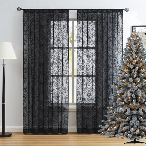 Abstractex Black Lace Net Curtains 72 Inches Long Damask Floral Sheer Panels for Bedroom Luxury Vintage Light Filtering Victorian Window Treatment Sets for Living Room, 54 W Rod Pocket 2 Panels
