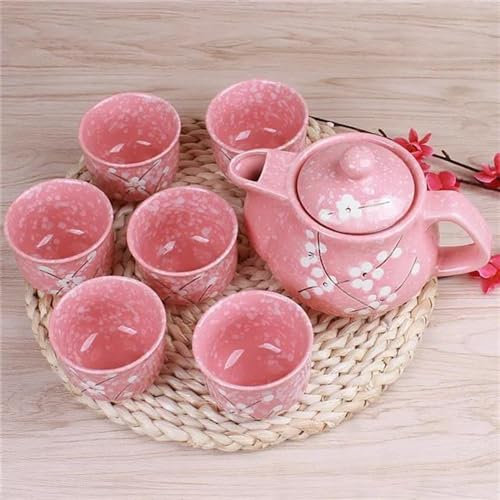 GALSOR Teeservice Für Erwachsene 1 Kanne Und 6 Tassen Keramik-Teekanne Japanische Kirschblüten-Teekanne Set Für Zuhause Büro Wasserkocher Teekanne Teeservice (Color : Pink)