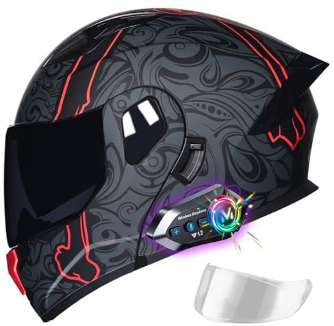 Motorbike Helmet with Bluetooth Module, Flip Up Full Face Integrated Helmet, ECE Approved, Lightweight Ventilation Design, High Definition Double Visor, for Adult Men and Women