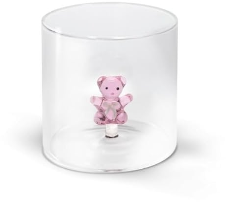 WD Lifestyle - Bicchiere in Vetro Borosilicato 250ml con Soggetto in Vetro Colorato Interno (Orsetto Rosa)