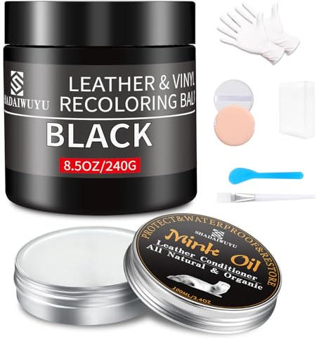8.5oz Leather Recoloring Balm with 100ml Leather Conditioner,Black Leather Repair kit for Furniture and Car Interior,Leather Scratch and Stain Repair,Leather Dye Paint,Leather Sofa Restorer
