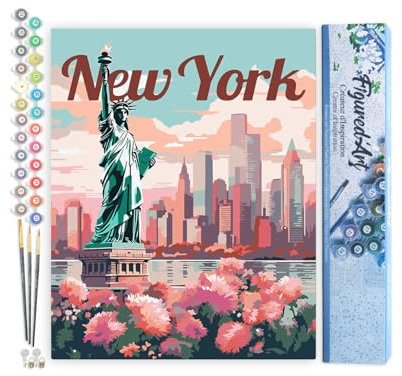 Figured'Art Peinture par Numéro Adulte Affiche de voyage New York en fleurs - Activité Manuelle Kit de Loisir Créatif DIY Numéro d'Art Complet - 40x50cm sans châssis en bois