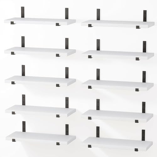 BAKAJI Set 10 Mensole galleggianti da Parete in Legno, Scaffali a Muro Multiuso con Staffe in Metallo, ideali per Camera da Letto, Soggiorno, Cucina, Bagno, Libreria, Salvaspazio, 40 x 15 cm (Bianco)