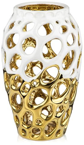 Oairse White and Gold Vases for Centerpieces, Openwork Ceramic Flower Vase 8.7 Hollowed Decorative Pampas Grass Vase Gold Table Decor for Home Living Room Dinner Room Bedroom Office Wedding