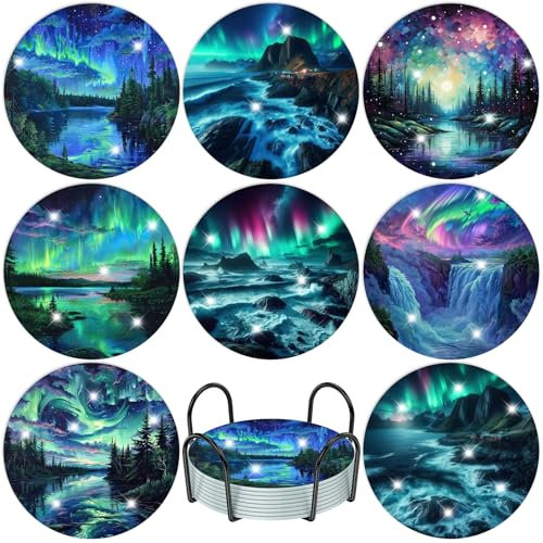 DOMROM Diamond Painting Untersetzer, 8 Stück Diamant Painting Untersetzer Mit Halter, Landschaft Diamond Painting Bilder Aurora Diamant Tassenuntersetze zum Basteln Erwachsene