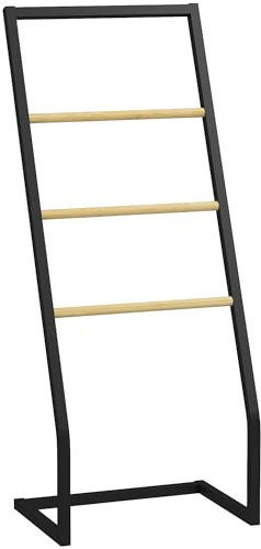 HOMCOM Portasciugamani a 4 Livelli in Acciaio e Bambù, Porta Asciugamani da Terra Autoportante, 40.5x28x98 cm, Nero e color Legno